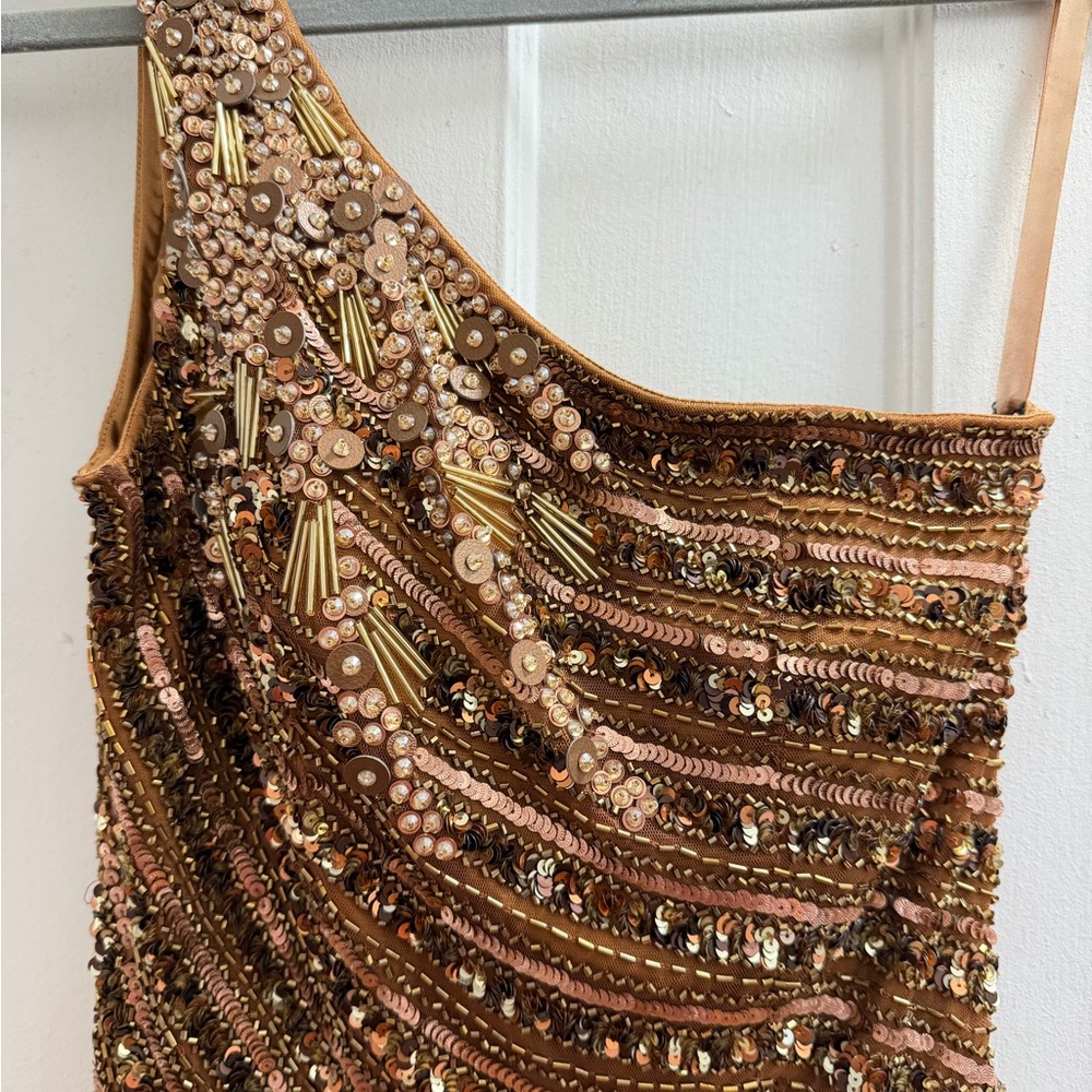 Mac Duggal One-Shoulder Sequin Gown in Copper Brown - Picture 5 of 8